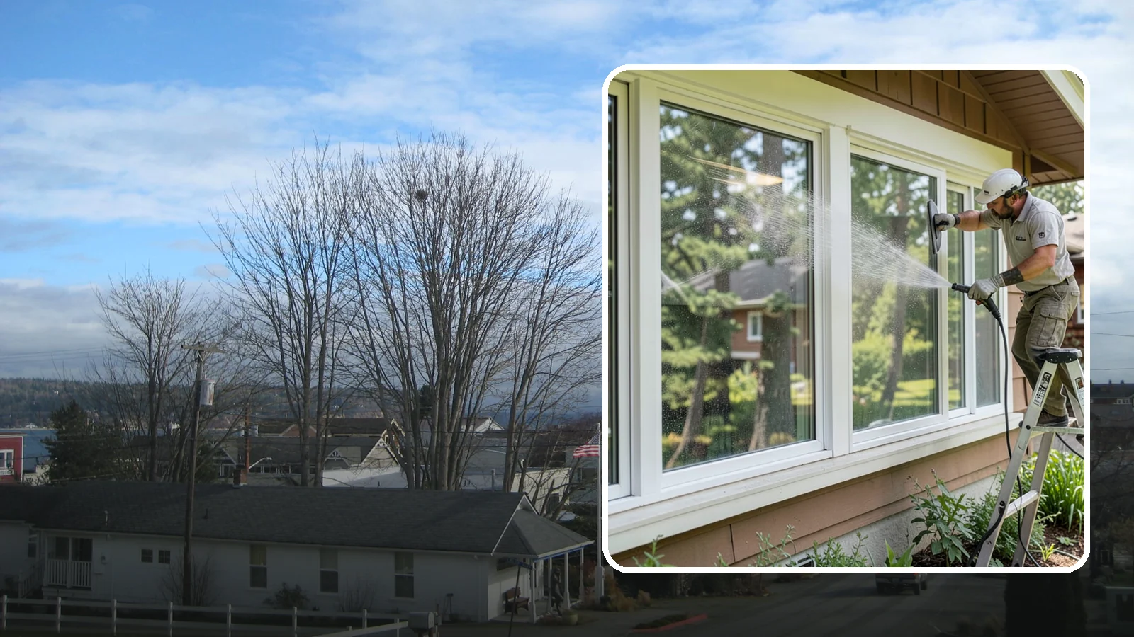 Picture Window Cleaning in Langley, Island County, WA - Cleaning of large picture windows so the wide, unobstructed view stays crystal clear year-round.