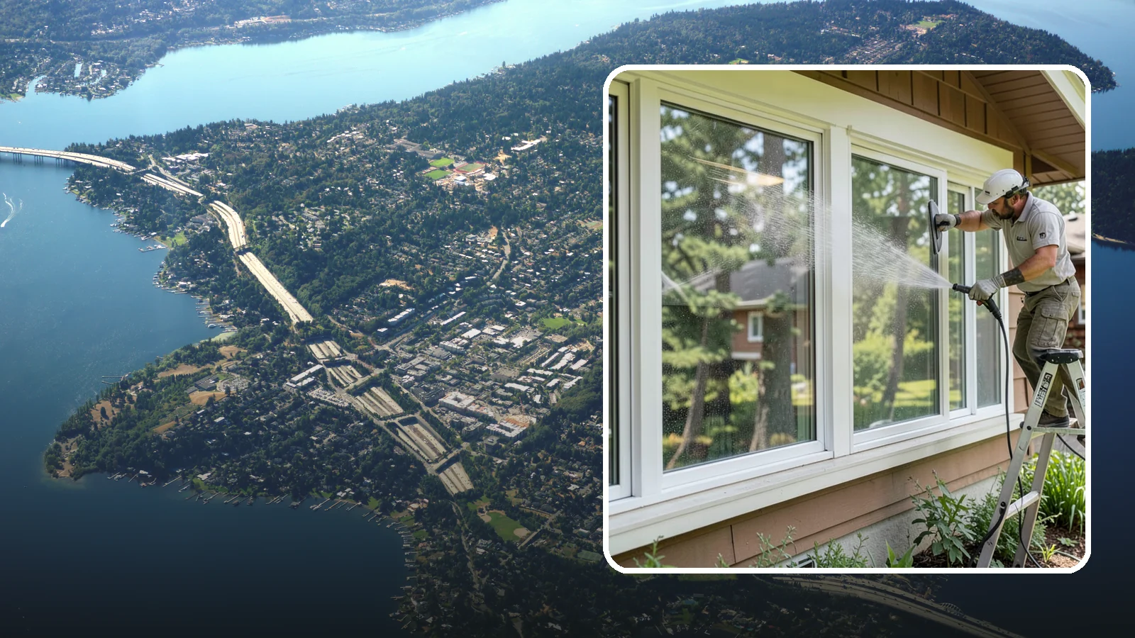 Picture Window Cleaning in Mercer Island, King County, WA - Cleaning of large picture windows so the wide, unobstructed view stays crystal clear year-round.