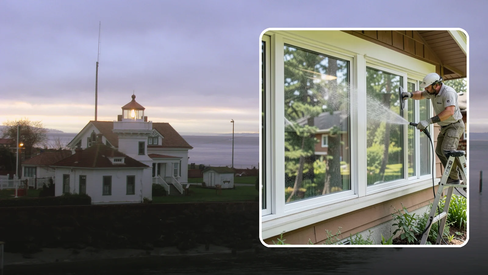 Picture Window Cleaning in Mukilteo, Snohomish County, WA - Cleaning of large picture windows so the wide, unobstructed view stays crystal clear year-round.