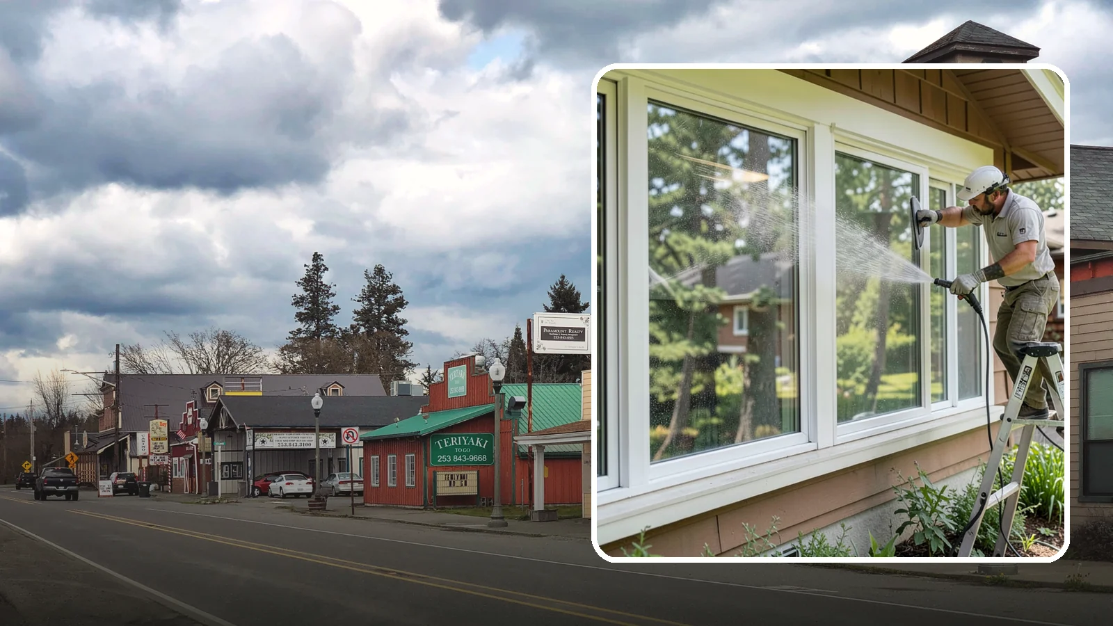 Picture Window Cleaning in Roy, Pierce County, WA - Cleaning of large picture windows so the wide, unobstructed view stays crystal clear year-round.