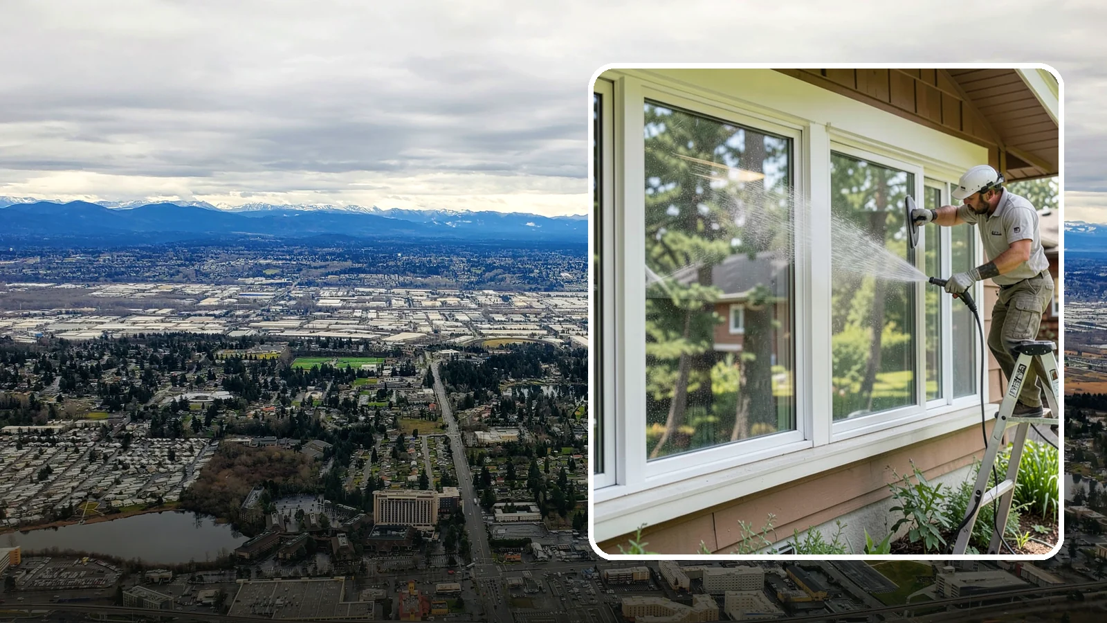Picture Window Cleaning in SeaTac, King County, WA - Cleaning of large picture windows so the wide, unobstructed view stays crystal clear year-round.
