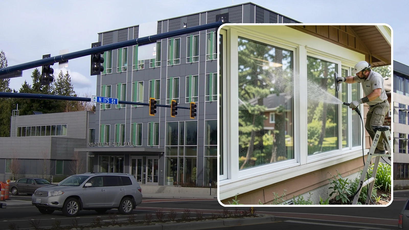 Picture Window Cleaning in Shoreline, King County, WA - Cleaning of large picture windows so the wide, unobstructed view stays crystal clear year-round.