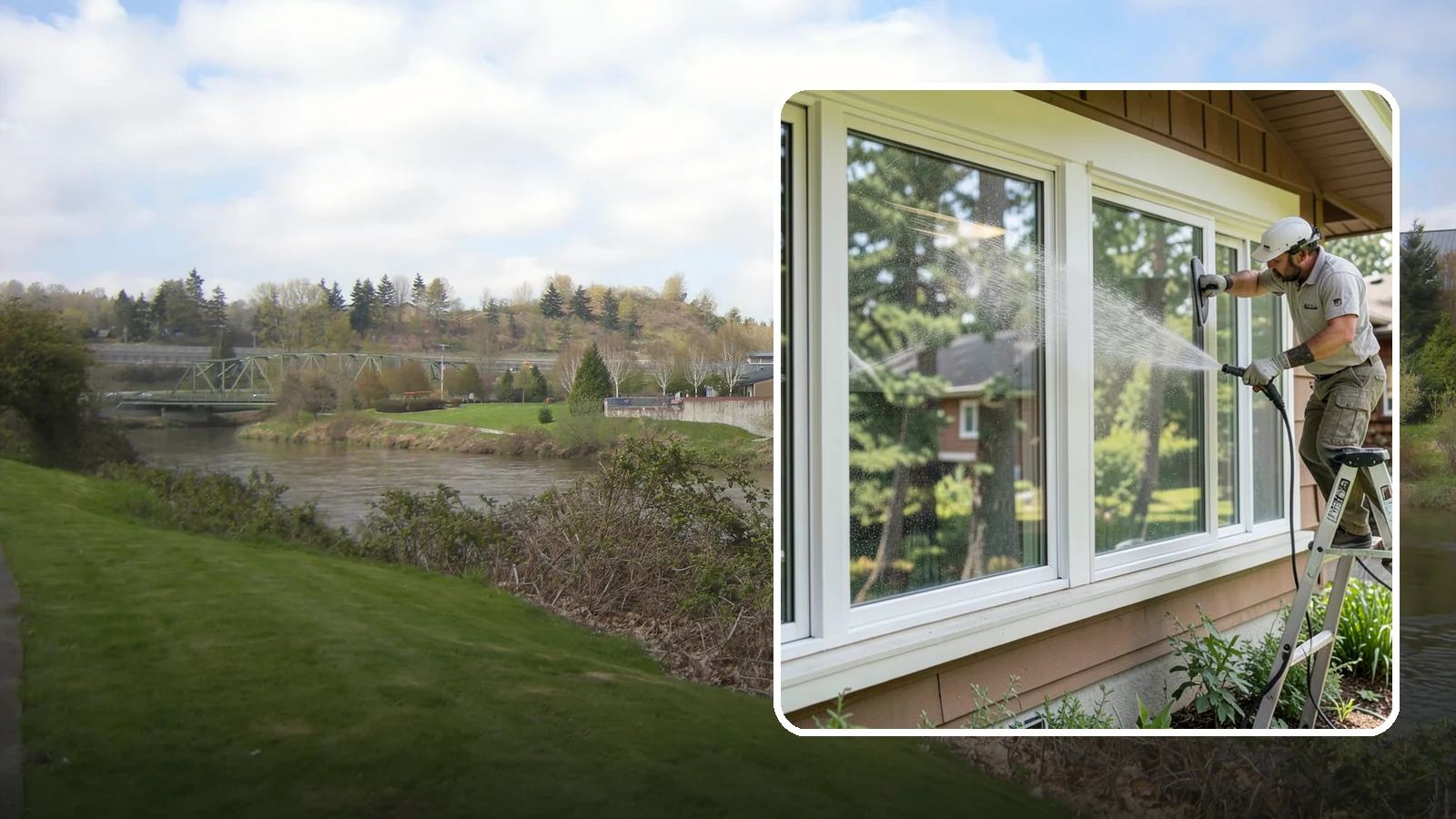 Picture Window Cleaning in Tukwila, King County, WA - Cleaning of large picture windows so the wide, unobstructed view stays crystal clear year-round.