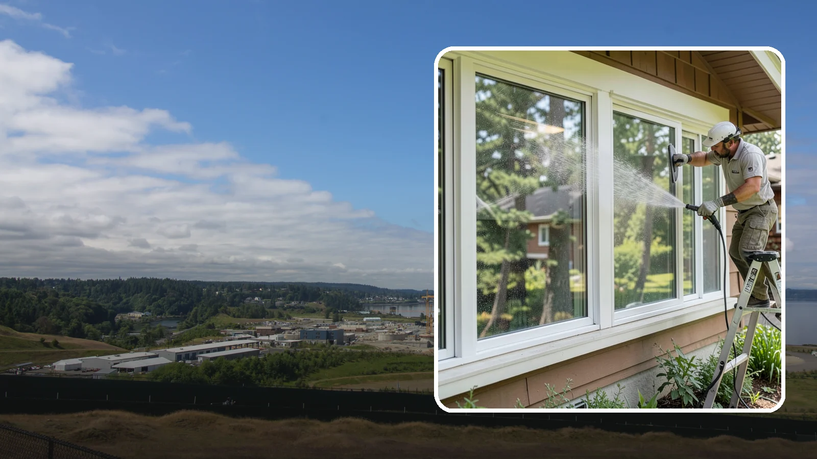 Picture Window Cleaning in University Place, Pierce County, WA - Cleaning of large picture windows so the wide, unobstructed view stays crystal clear year-round.