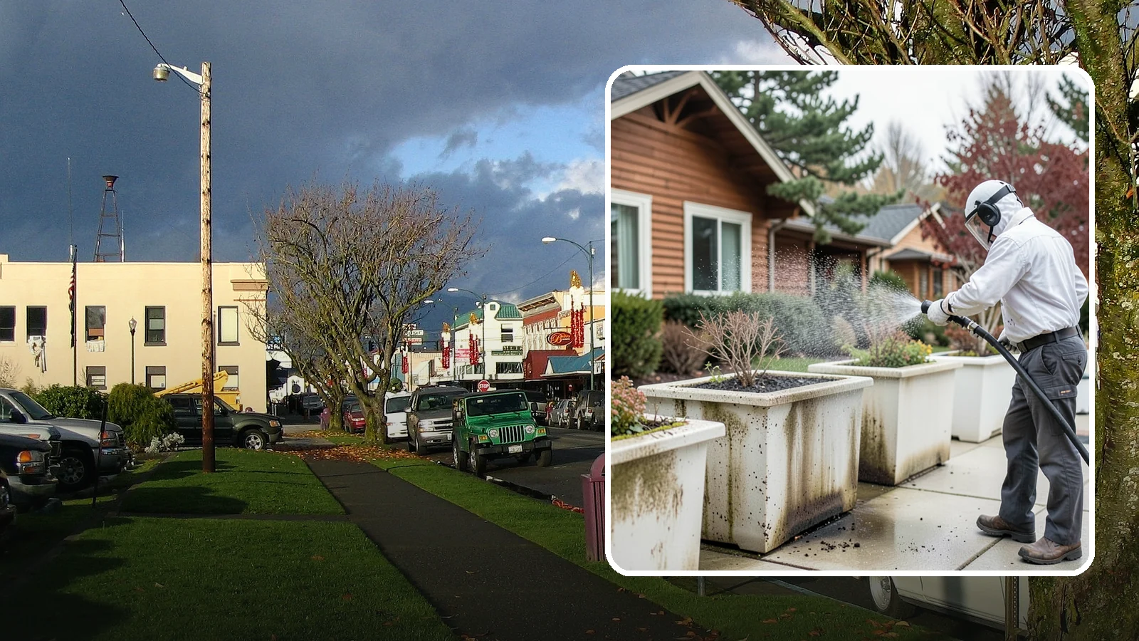 Planter Cleaning in Arlington, Snohomish County, WA - We wash exterior planters and pots to remove the moss film, mineral crust, and soil staining that gather on their sides.