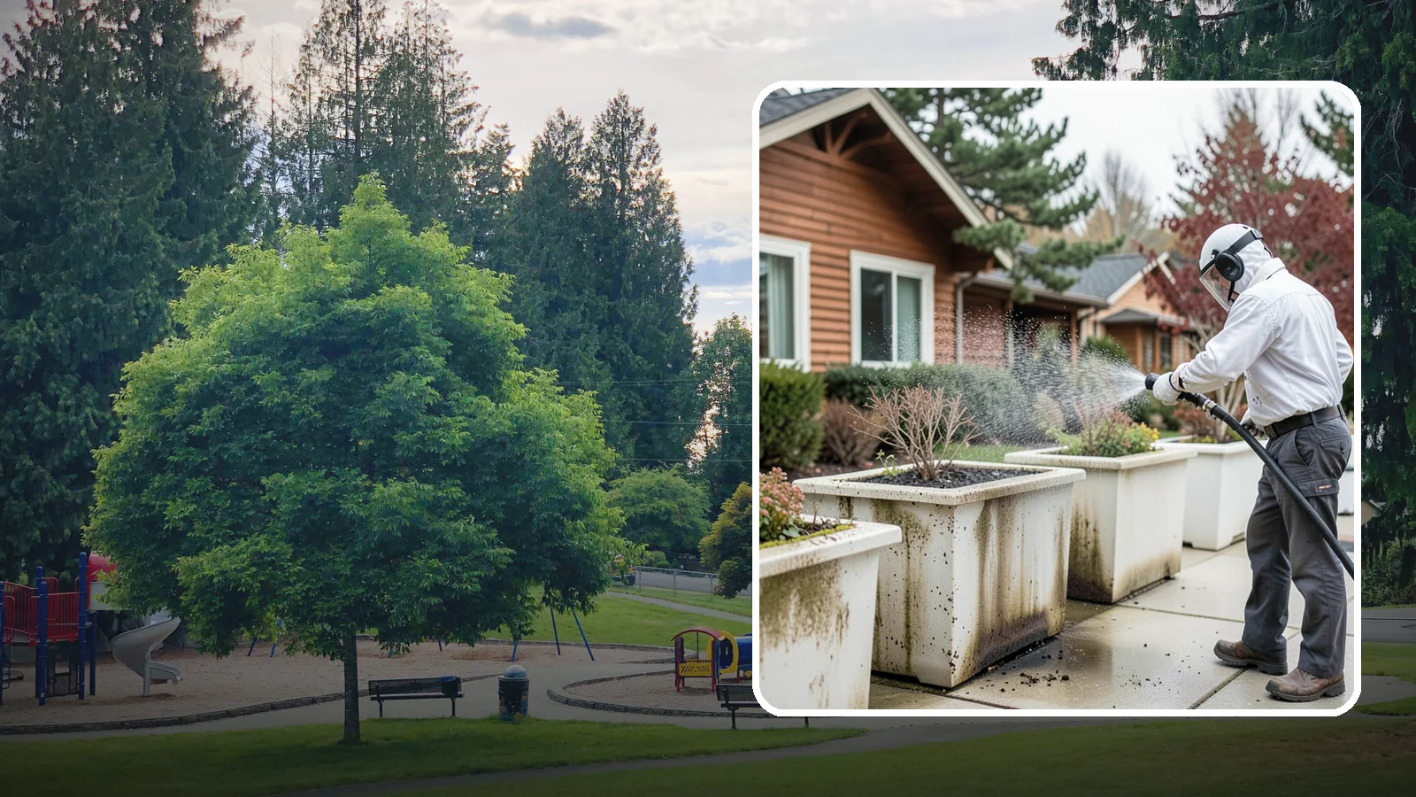 Planter Cleaning in Bonney Lake, Pierce County, WA - We wash exterior planters and pots to remove the moss film, mineral crust, and soil staining that gather on their sides.
