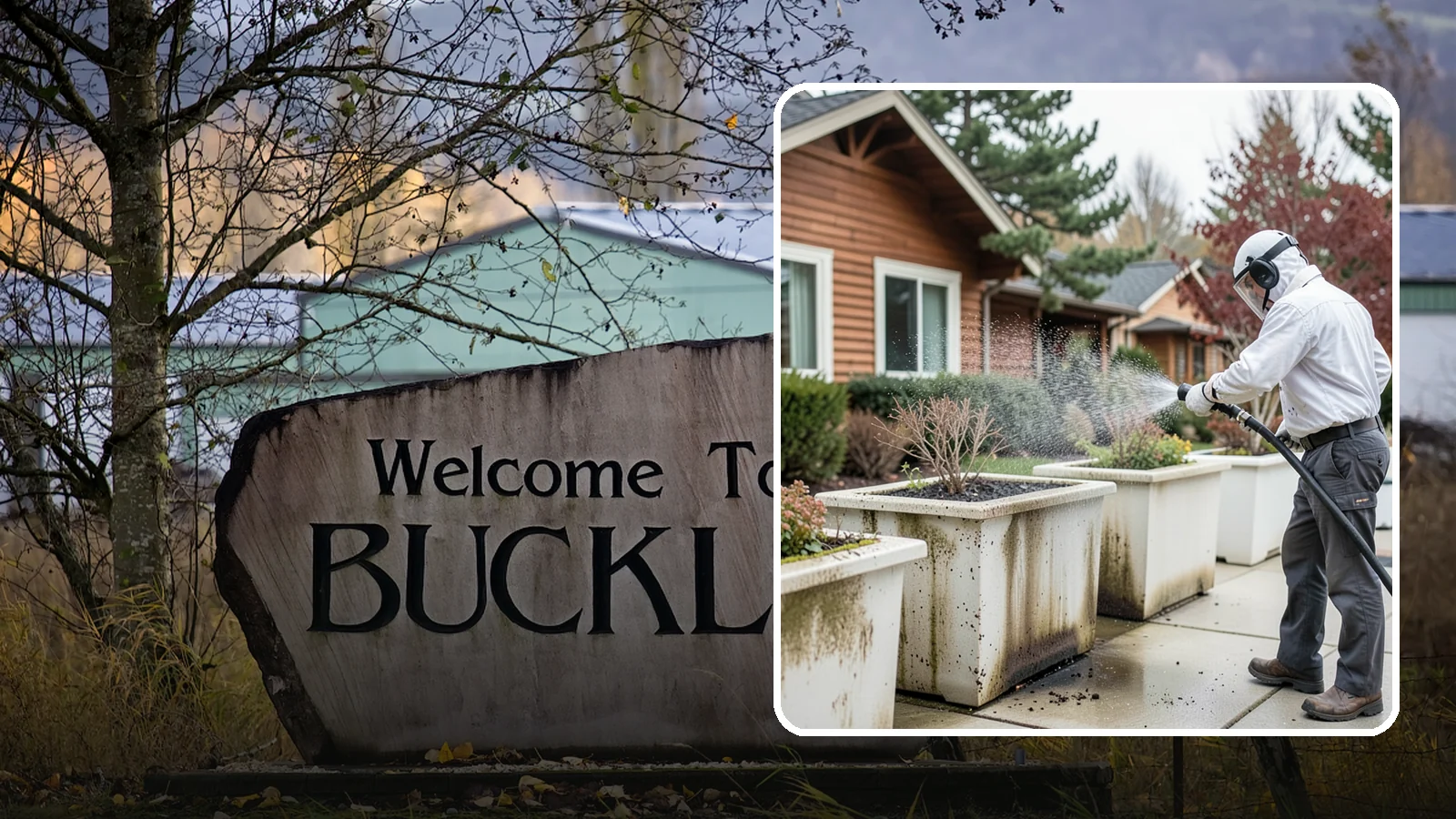 Planter Cleaning in Buckley, Pierce County, WA - We wash exterior planters and pots to remove the moss film, mineral crust, and soil staining that gather on their sides.