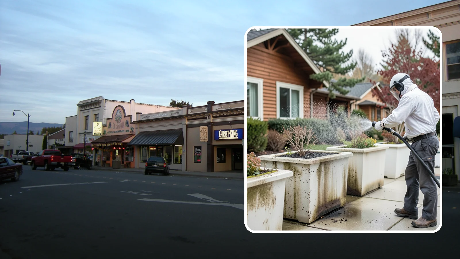 Planter Cleaning in Burlington, Skagit County, WA - We wash exterior planters and pots to remove the moss film, mineral crust, and soil staining that gather on their sides.