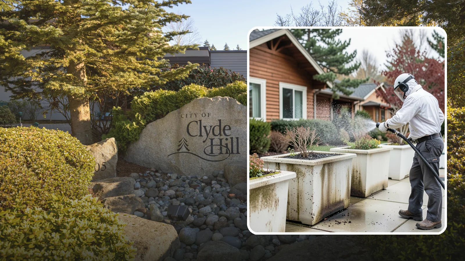 Planter Cleaning in Clyde Hill, King County, WA - We wash exterior planters and pots to remove the moss film, mineral crust, and soil staining that gather on their sides.