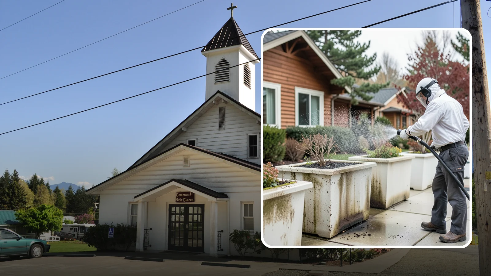 Planter Cleaning in Concrete, Skagit County, WA - We wash exterior planters and pots to remove the moss film, mineral crust, and soil staining that gather on their sides.