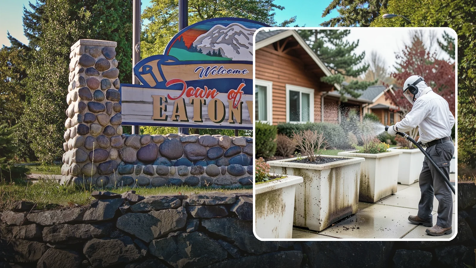 Planter Cleaning in Eatonville, Pierce County, WA - We wash exterior planters and pots to remove the moss film, mineral crust, and soil staining that gather on their sides.