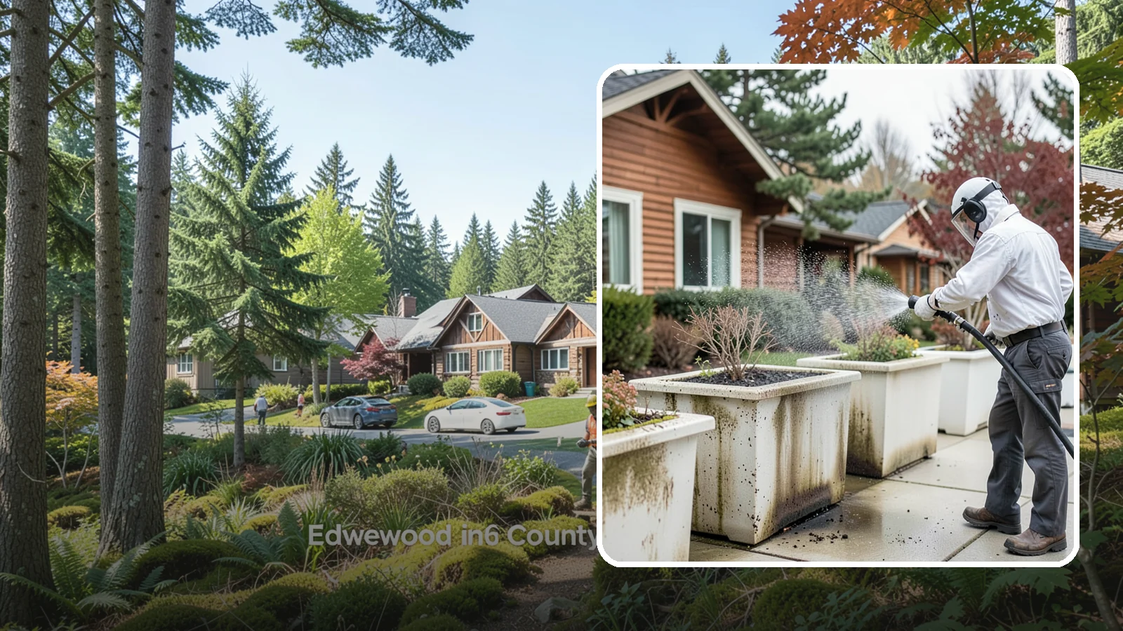 Planter Cleaning in Edgewood, Pierce County, WA - We wash exterior planters and pots to remove the moss film, mineral crust, and soil staining that gather on their sides.