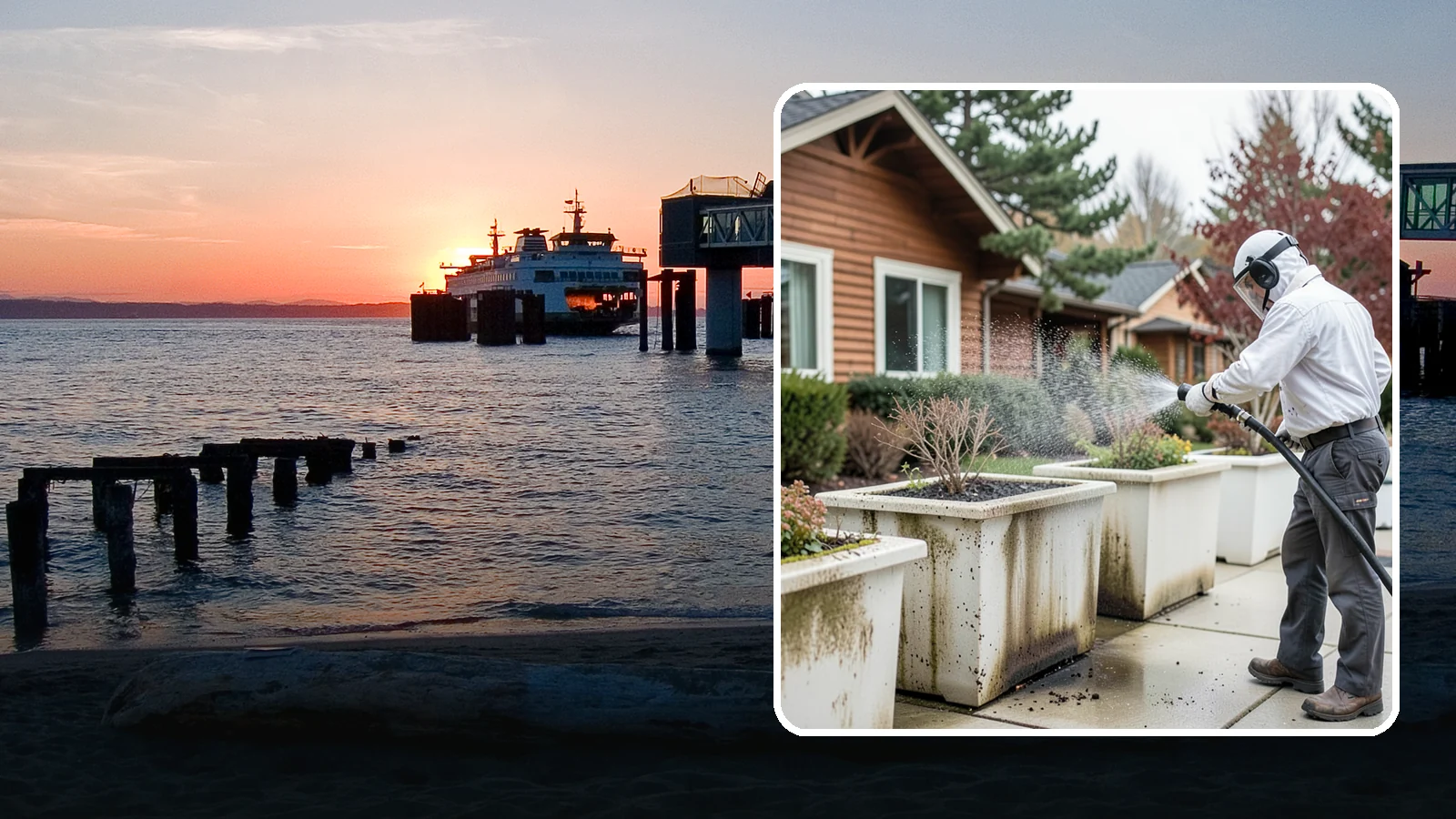 Planter Cleaning in Edmonds, Snohomish County, WA - We wash exterior planters and pots to remove the moss film, mineral crust, and soil staining that gather on their sides.