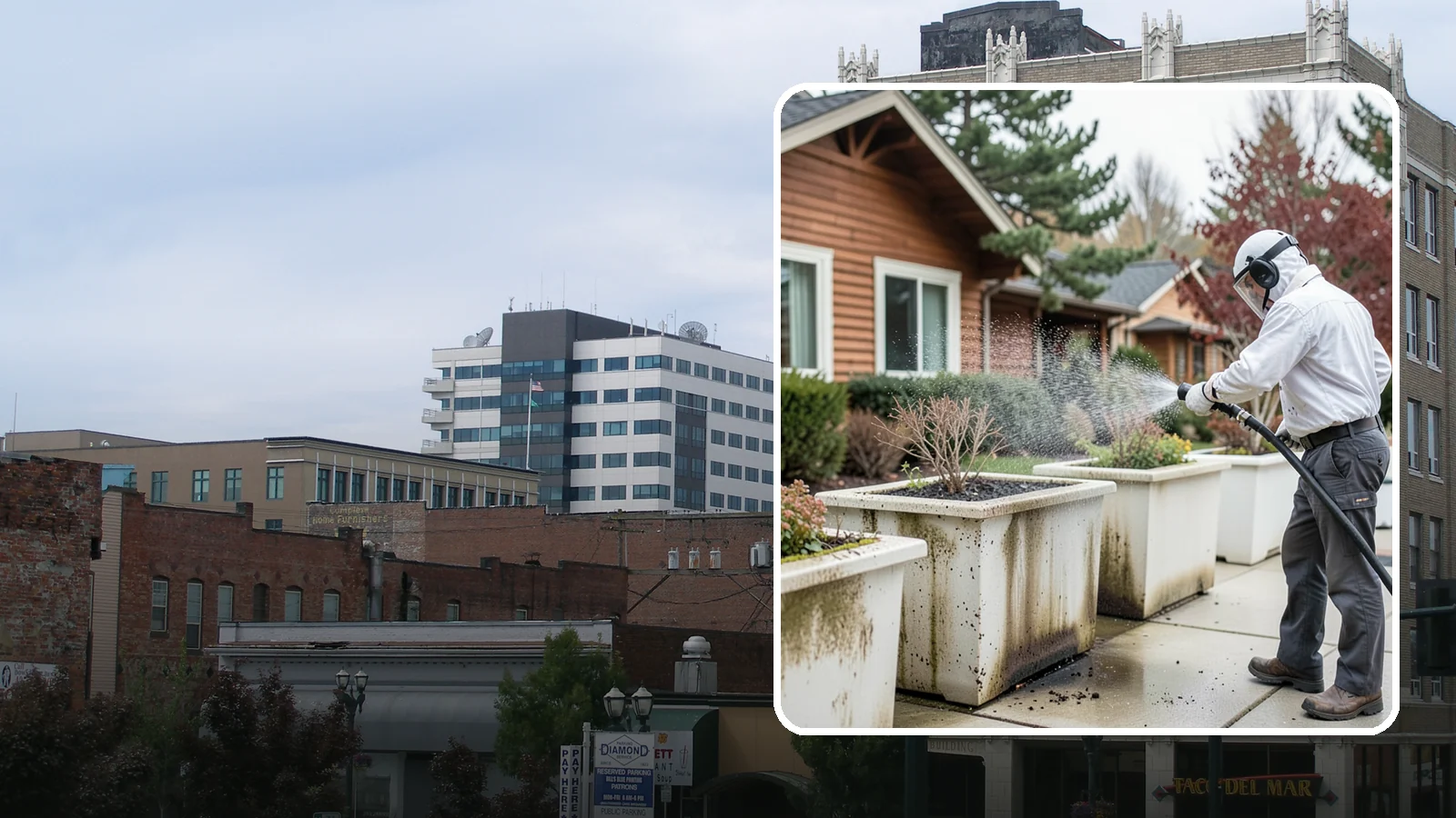 Planter Cleaning in Everett, Snohomish County, WA - We wash exterior planters and pots to remove the moss film, mineral crust, and soil staining that gather on their sides.