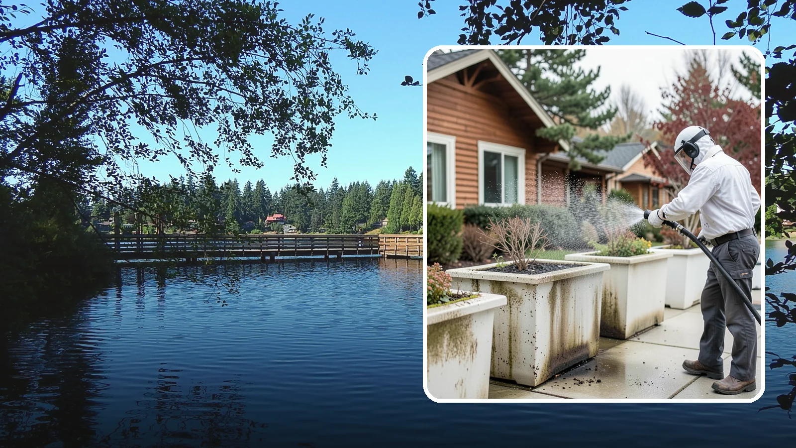 Planter Cleaning in Federal Way, King County, WA - We wash exterior planters and pots to remove the moss film, mineral crust, and soil staining that gather on their sides.