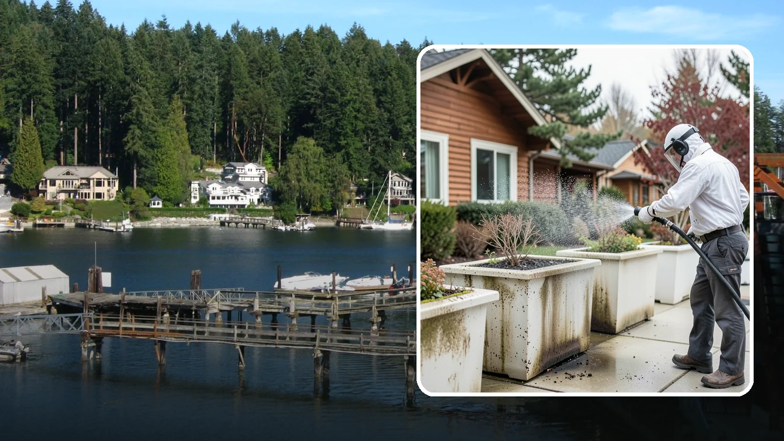 Planter Cleaning in Gig Harbor, Pierce County, WA - We wash exterior planters and pots to remove the moss film, mineral crust, and soil staining that gather on their sides.