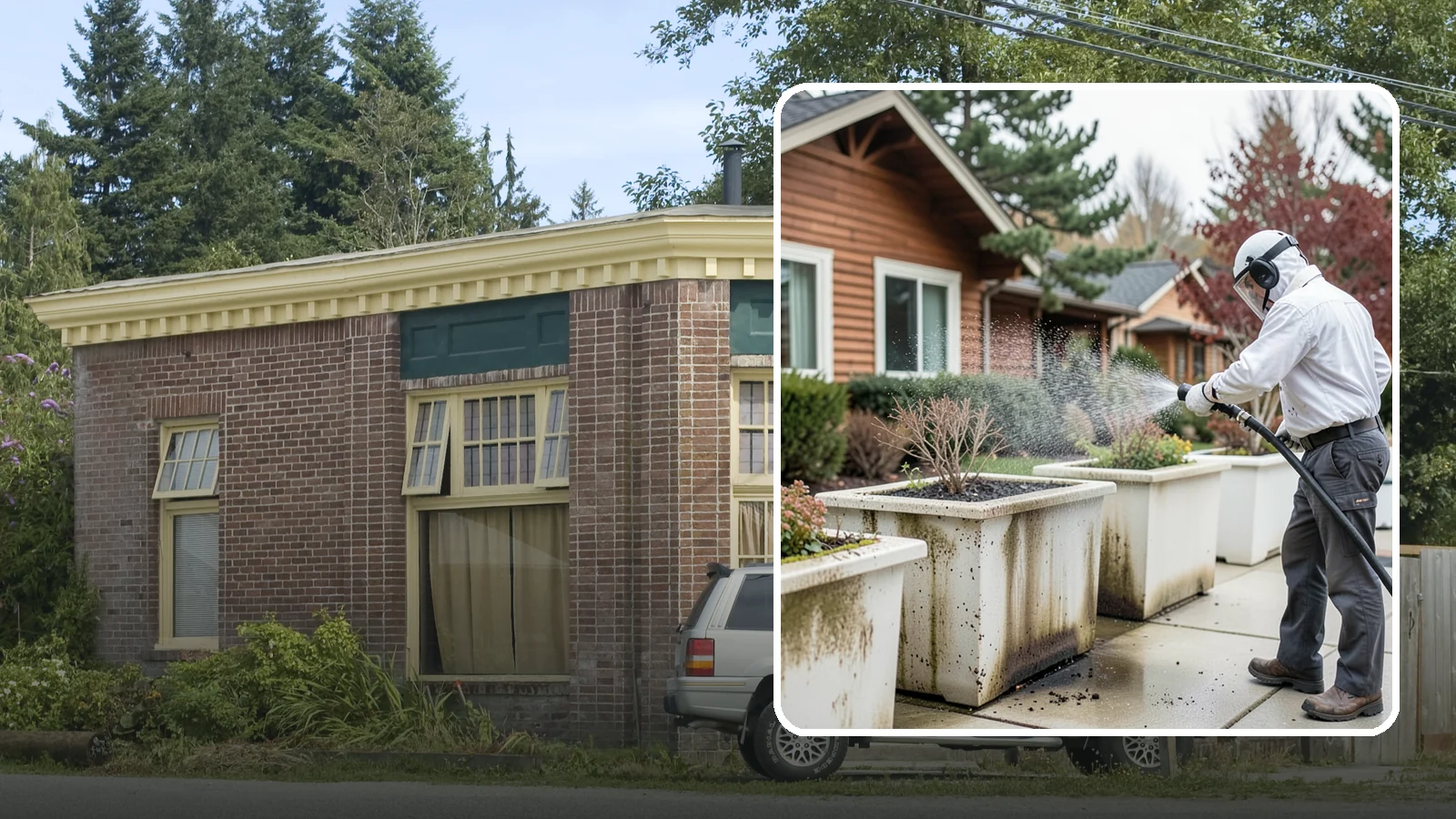 Planter Cleaning in Hamilton, Skagit County, WA - We wash exterior planters and pots to remove the moss film, mineral crust, and soil staining that gather on their sides.