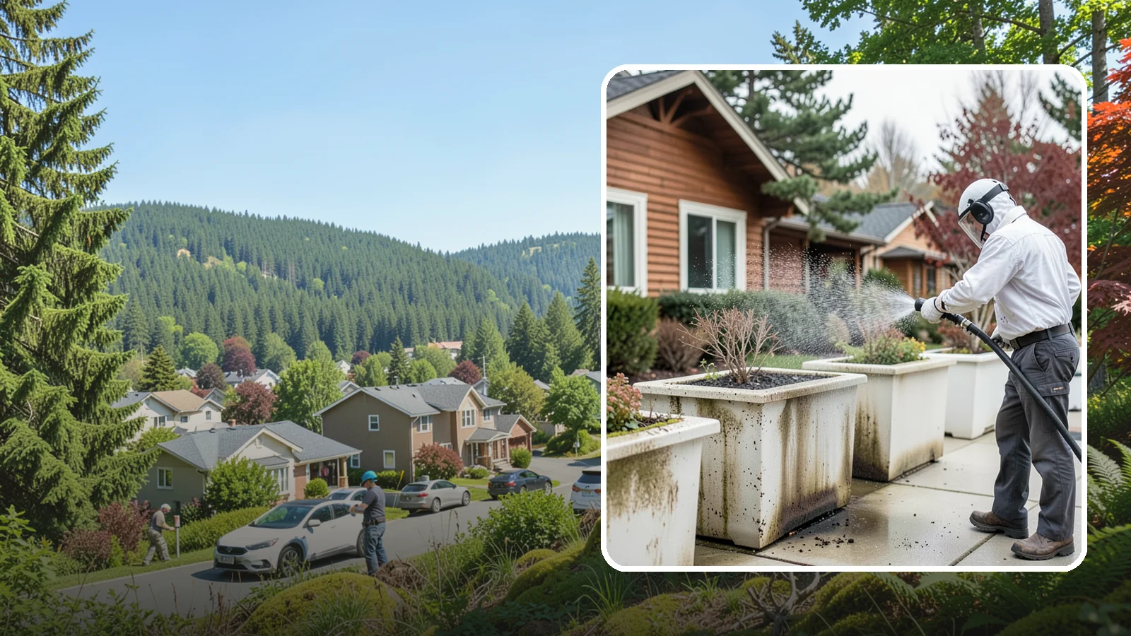 Planter Cleaning in Index, Snohomish County, WA - We wash exterior planters and pots to remove the moss film, mineral crust, and soil staining that gather on their sides.
