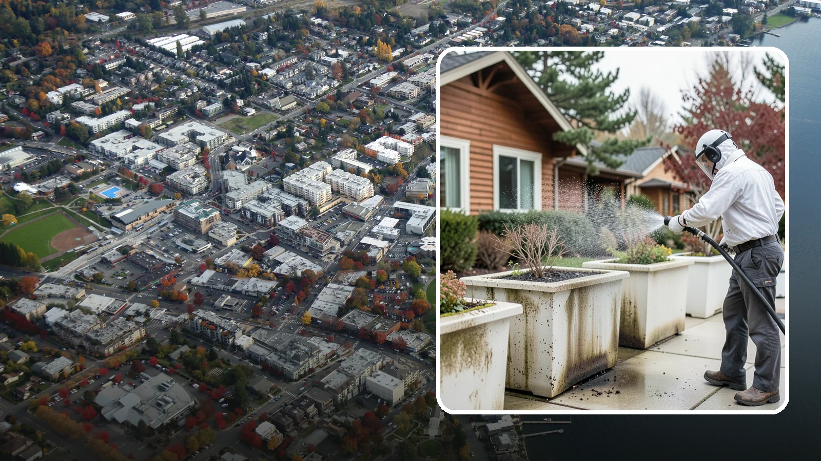 Planter Cleaning in Kirkland, King County, WA - We wash exterior planters and pots to remove the moss film, mineral crust, and soil staining that gather on their sides.