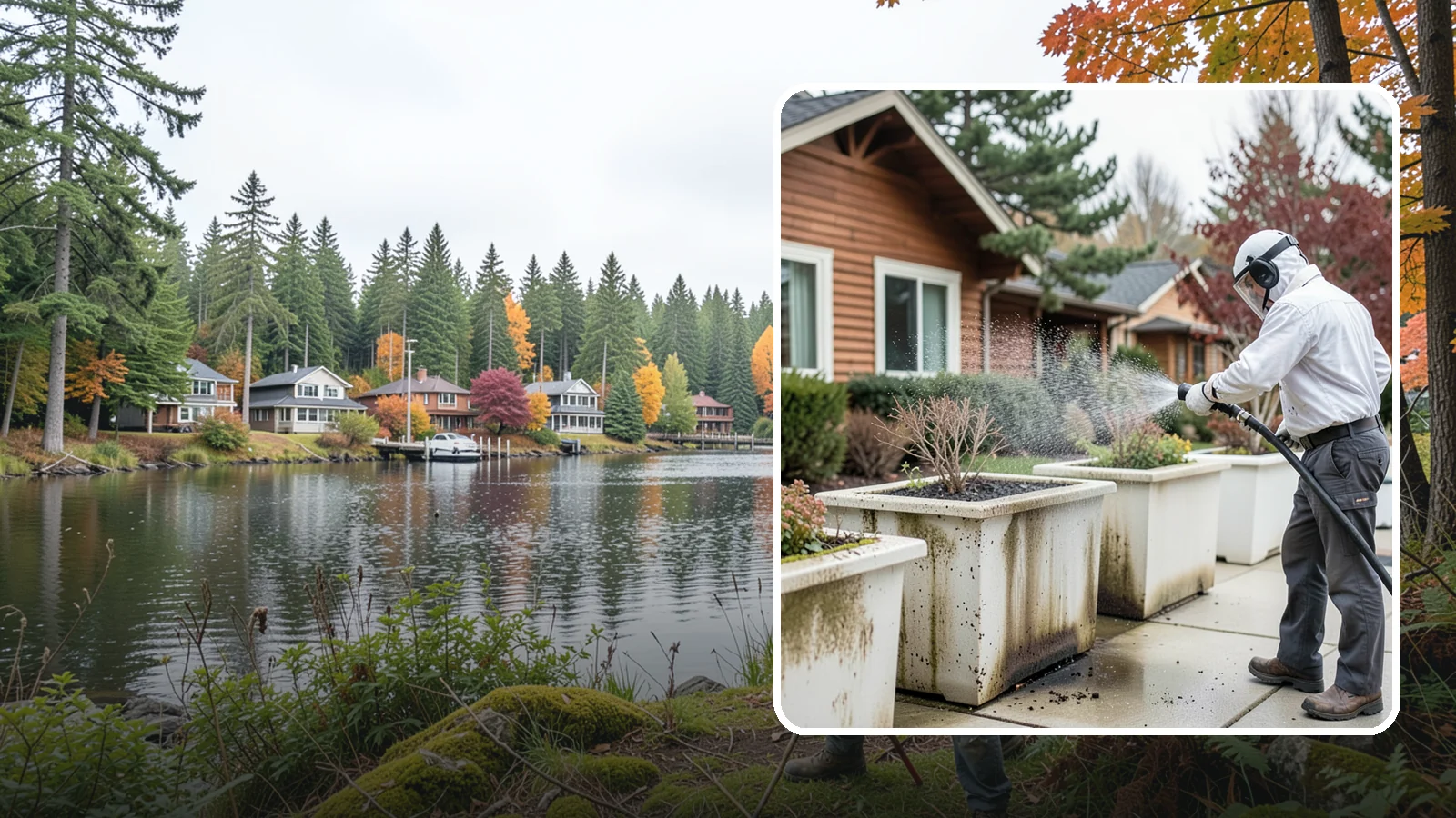 Planter Cleaning in La Conner, Skagit County, WA - We wash exterior planters and pots to remove the moss film, mineral crust, and soil staining that gather on their sides.