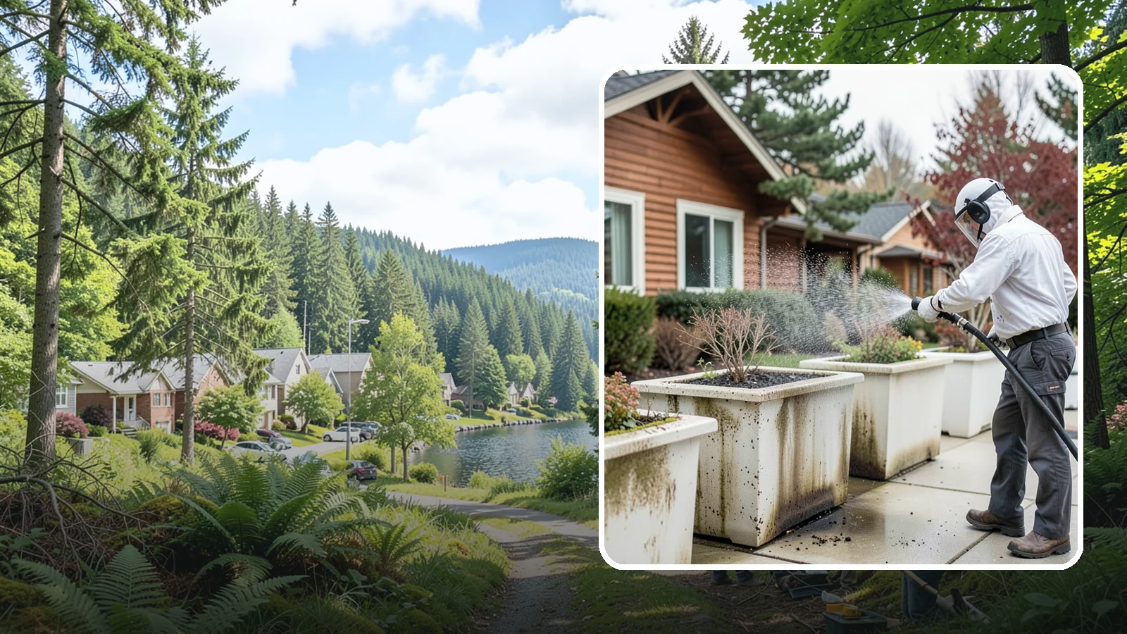 Planter Cleaning in Lake Forest Park, King County, WA - We wash exterior planters and pots to remove the moss film, mineral crust, and soil staining that gather on their sides.