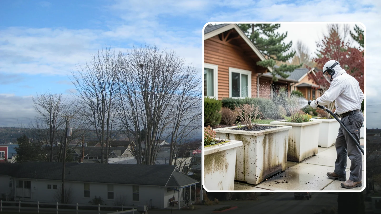 Planter Cleaning in Langley, Island County, WA - We wash exterior planters and pots to remove the moss film, mineral crust, and soil staining that gather on their sides.