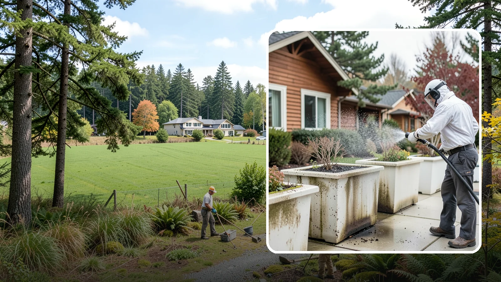 Planter Cleaning in Lyman, Skagit County, WA - We wash exterior planters and pots to remove the moss film, mineral crust, and soil staining that gather on their sides.