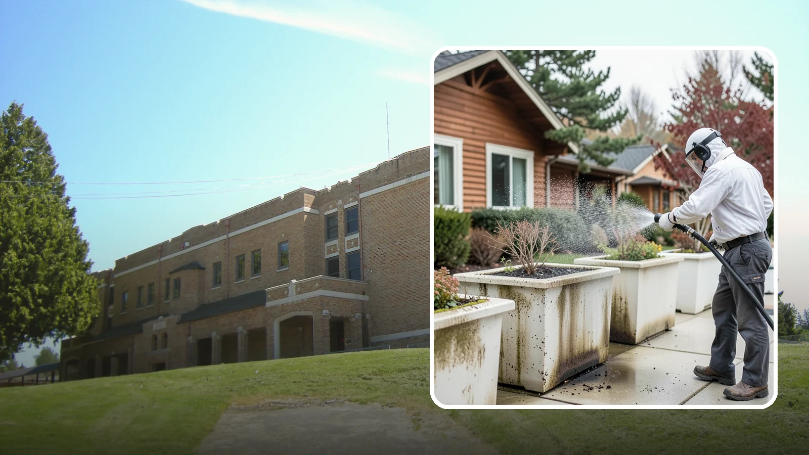 Planter Cleaning in Maple Valley, King County, WA - We wash exterior planters and pots to remove the moss film, mineral crust, and soil staining that gather on their sides.
