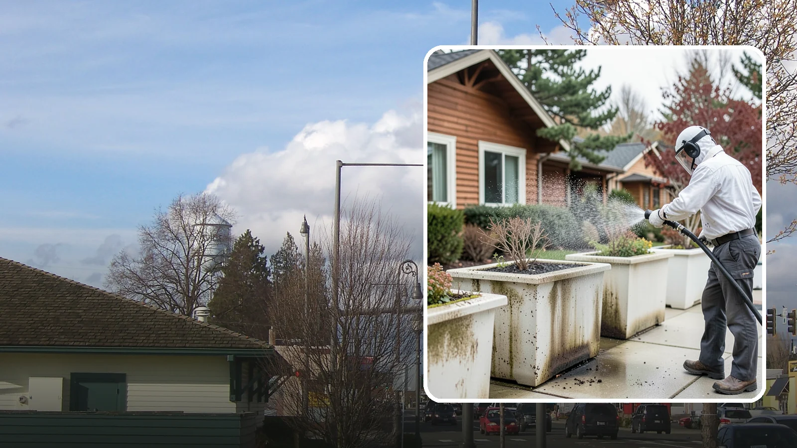 Planter Cleaning in Marysville, Snohomish County, WA - We wash exterior planters and pots to remove the moss film, mineral crust, and soil staining that gather on their sides.