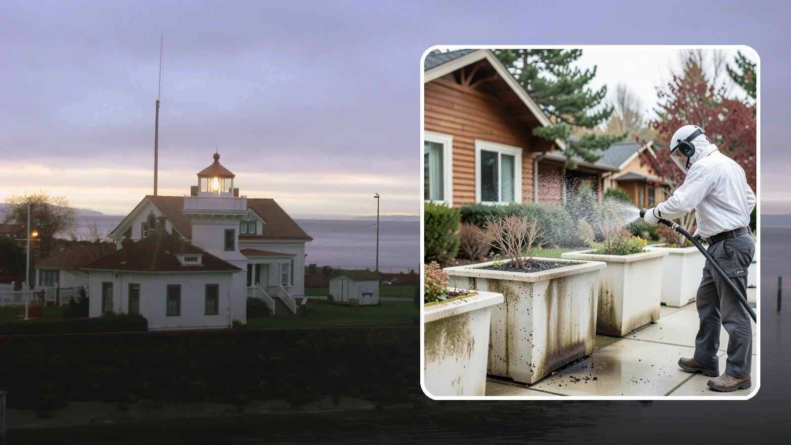 Planter Cleaning in Mukilteo, Snohomish County, WA - We wash exterior planters and pots to remove the moss film, mineral crust, and soil staining that gather on their sides.