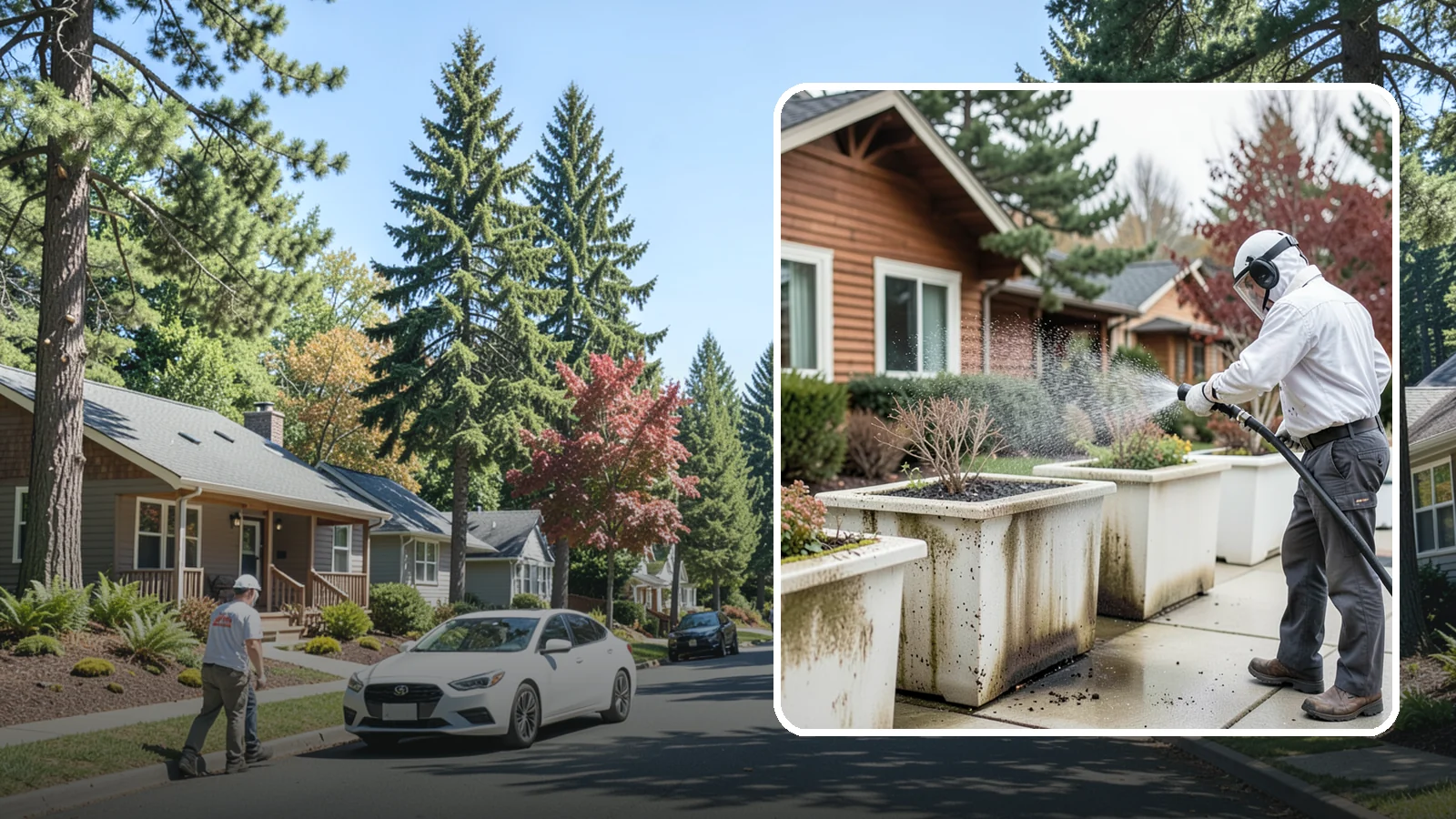 Planter Cleaning in Orting, Pierce County, WA - We wash exterior planters and pots to remove the moss film, mineral crust, and soil staining that gather on their sides.