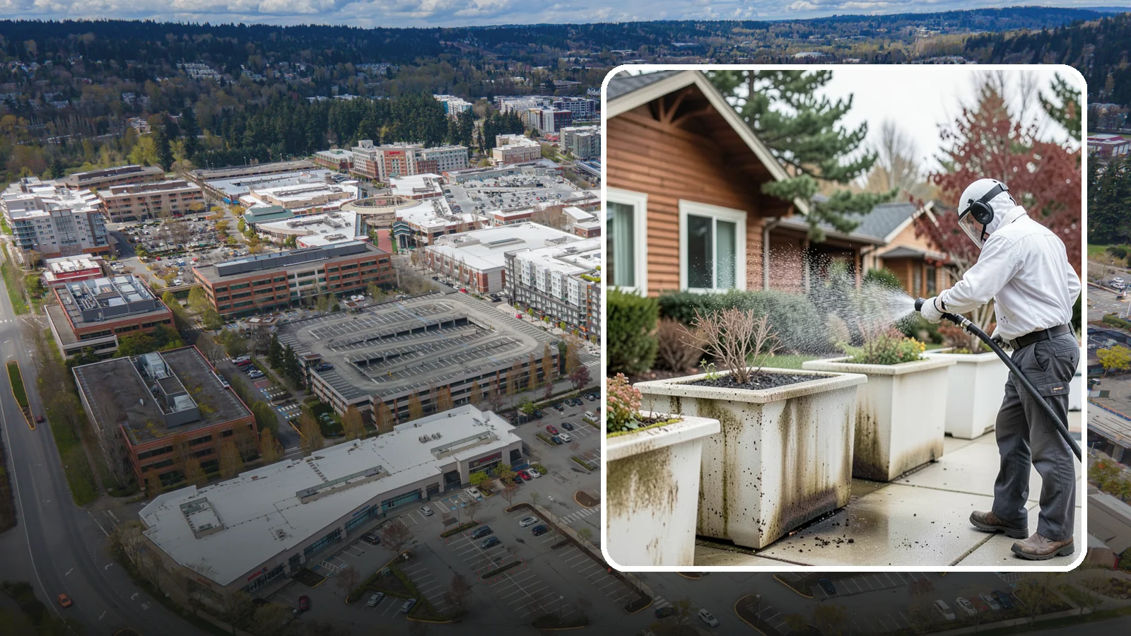 Planter Cleaning in Redmond, King County, WA - We wash exterior planters and pots to remove the moss film, mineral crust, and soil staining that gather on their sides.