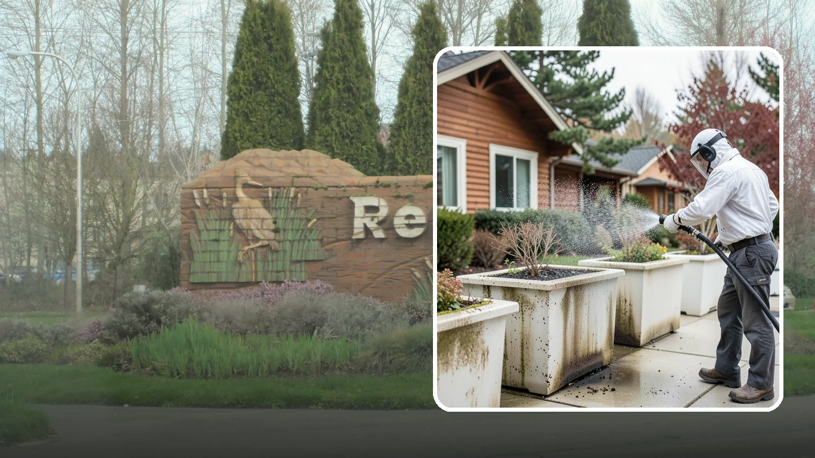 Planter Cleaning in Renton, King County, WA - We wash exterior planters and pots to remove the moss film, mineral crust, and soil staining that gather on their sides.