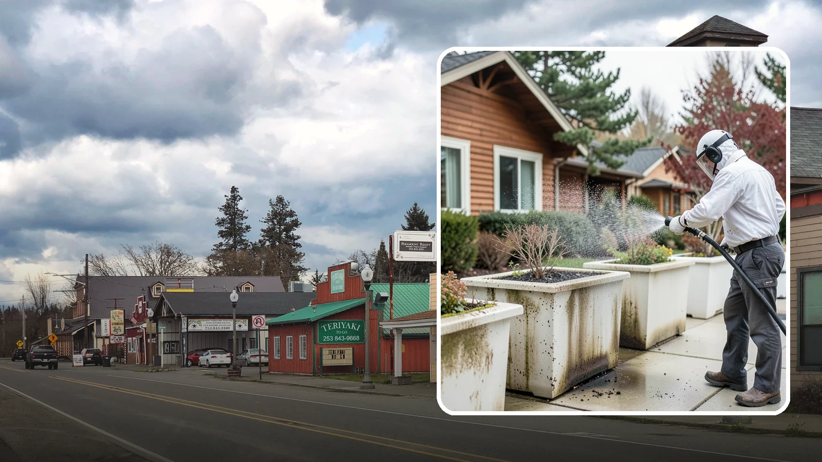 Planter Cleaning in Roy, Pierce County, WA - We wash exterior planters and pots to remove the moss film, mineral crust, and soil staining that gather on their sides.