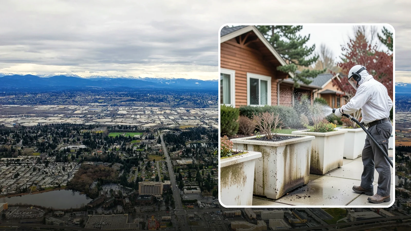 Planter Cleaning in SeaTac, King County, WA - We wash exterior planters and pots to remove the moss film, mineral crust, and soil staining that gather on their sides.