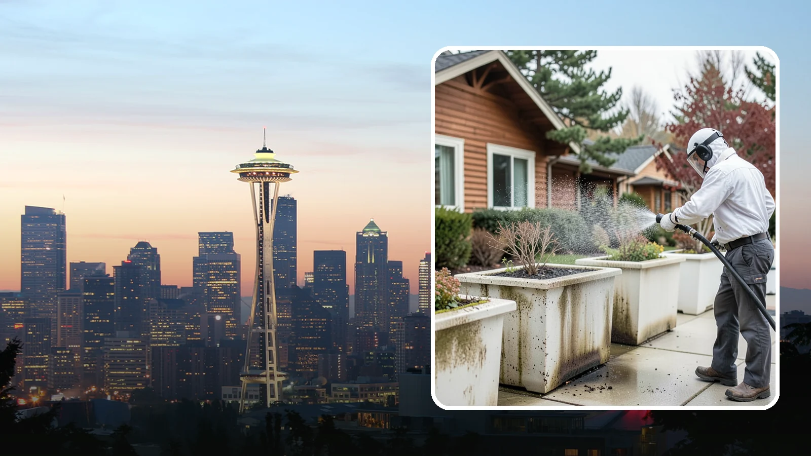 Planter Cleaning in Seattle, King County, WA - We wash exterior planters and pots to remove the moss film, mineral crust, and soil staining that gather on their sides.