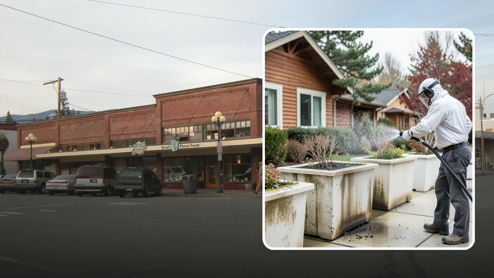Planter Cleaning in Sedro-Woolley, Skagit County, WA - We wash exterior planters and pots to remove the moss film, mineral crust, and soil staining that gather on their sides.