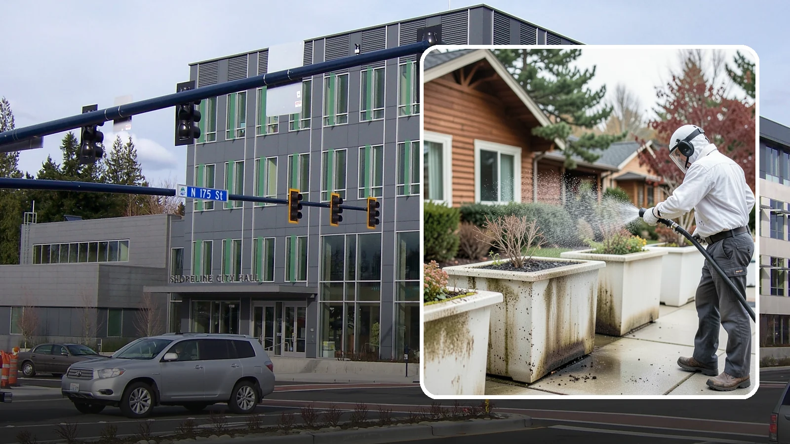 Planter Cleaning in Shoreline, King County, WA - We wash exterior planters and pots to remove the moss film, mineral crust, and soil staining that gather on their sides.