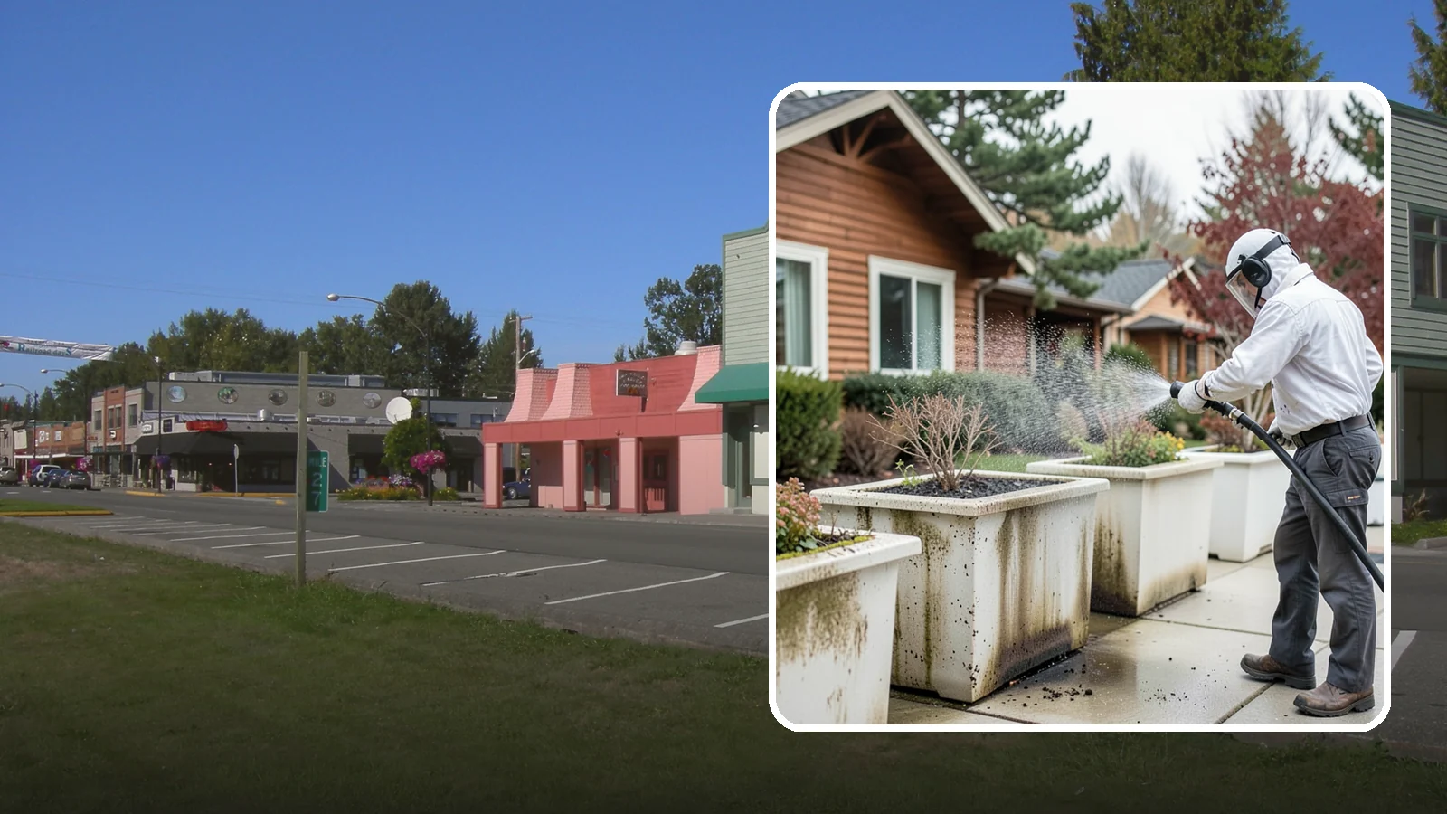 Planter Cleaning in Snoqualmie, King County, WA - We wash exterior planters and pots to remove the moss film, mineral crust, and soil staining that gather on their sides.