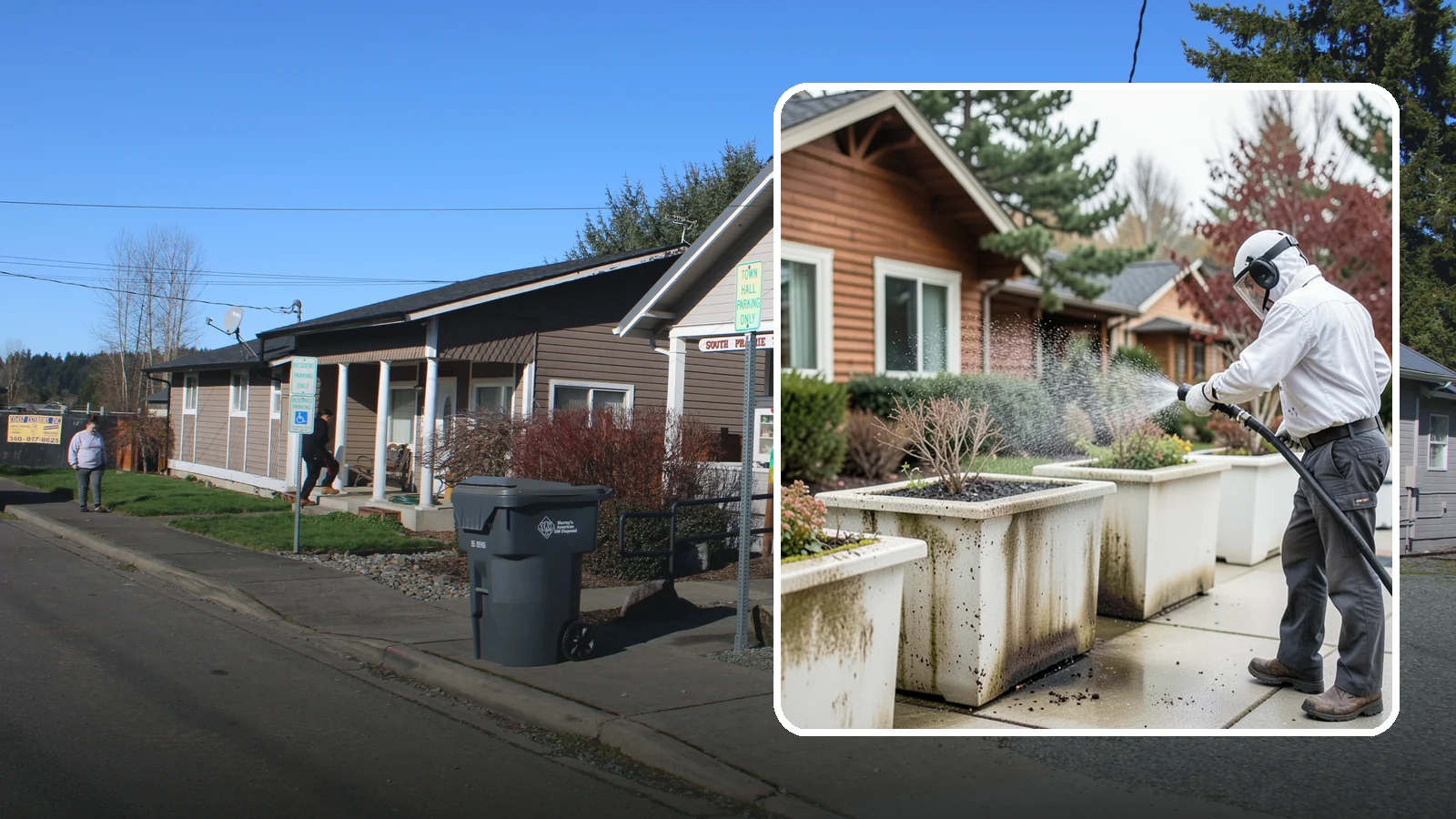 Planter Cleaning in South Prairie, Pierce County, WA - We wash exterior planters and pots to remove the moss film, mineral crust, and soil staining that gather on their sides.