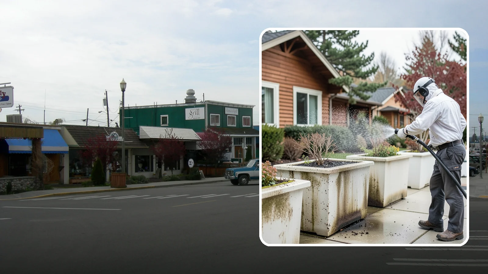 Planter Cleaning in Stanwood, Snohomish County, WA - We wash exterior planters and pots to remove the moss film, mineral crust, and soil staining that gather on their sides.