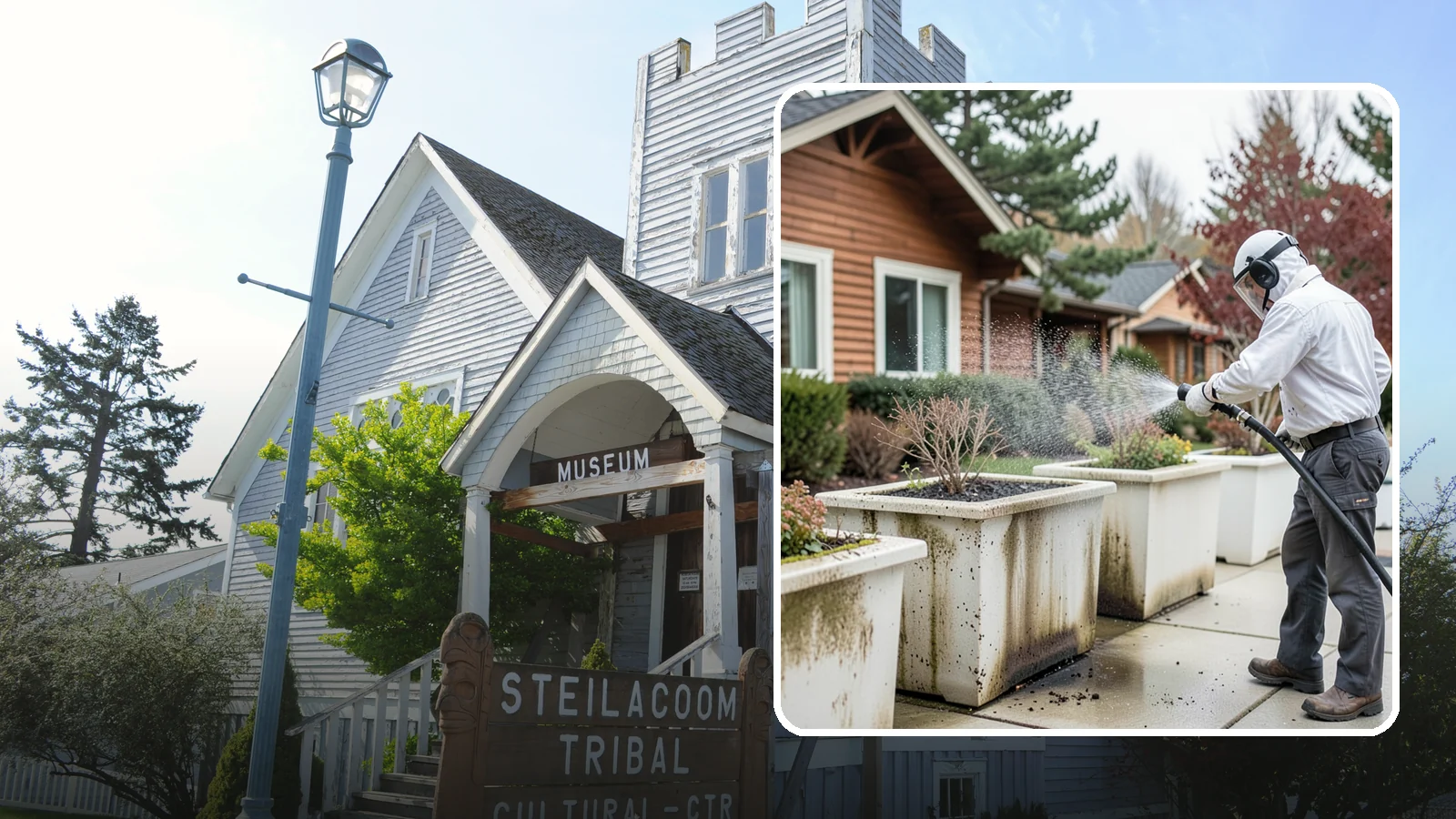 Planter Cleaning in Steilacoom, Pierce County, WA - We wash exterior planters and pots to remove the moss film, mineral crust, and soil staining that gather on their sides.