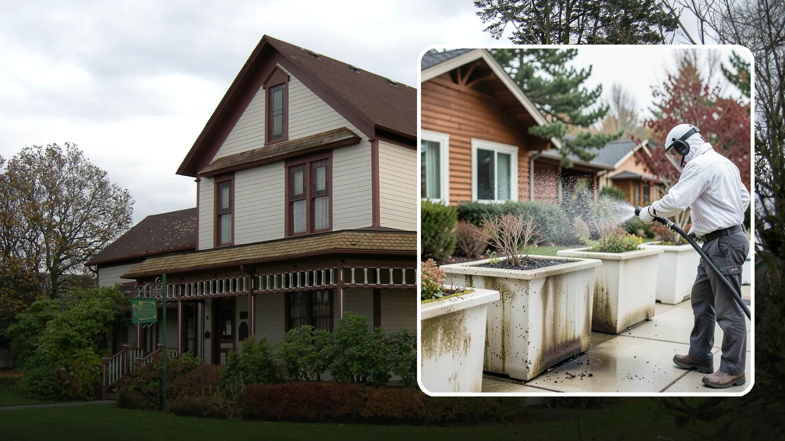 Planter Cleaning in Sumner, Pierce County, WA - We wash exterior planters and pots to remove the moss film, mineral crust, and soil staining that gather on their sides.