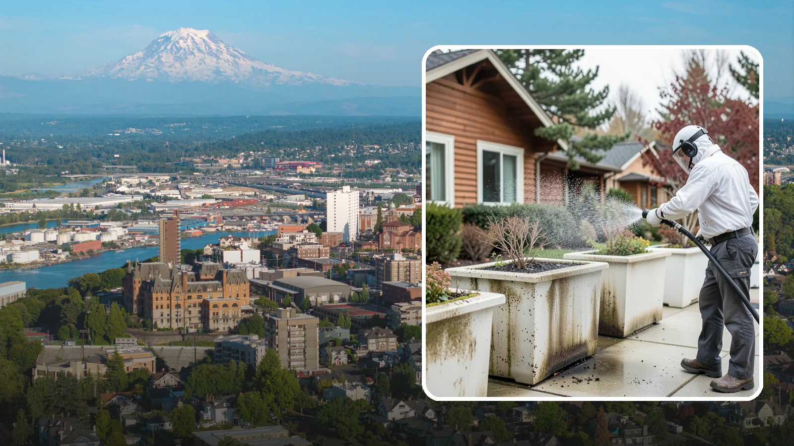 Planter Cleaning in Tacoma, Pierce County, WA - We wash exterior planters and pots to remove the moss film, mineral crust, and soil staining that gather on their sides.