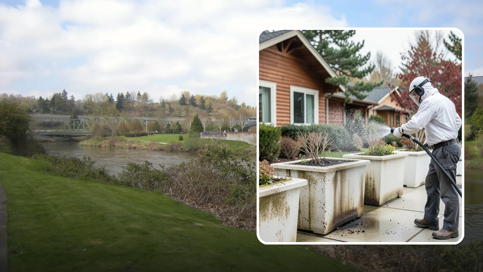 Planter Cleaning in Tukwila, King County, WA - We wash exterior planters and pots to remove the moss film, mineral crust, and soil staining that gather on their sides.