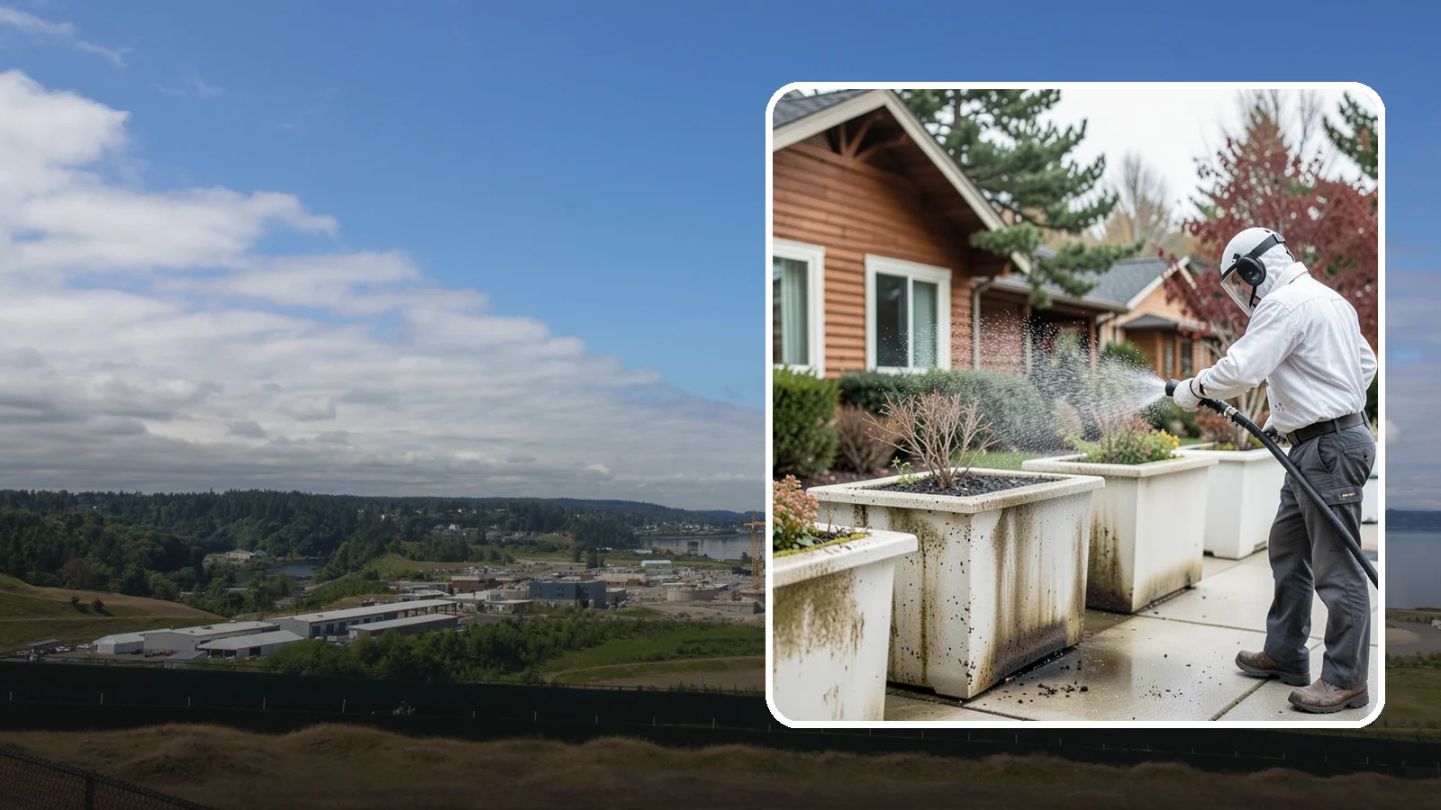 Planter Cleaning in University Place, Pierce County, WA - We wash exterior planters and pots to remove the moss film, mineral crust, and soil staining that gather on their sides.