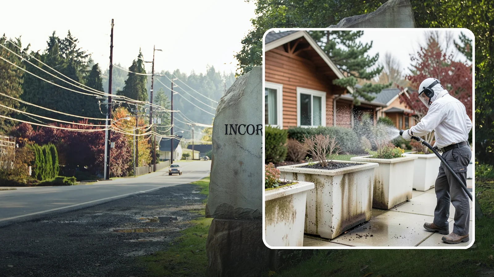 Planter Cleaning in Wilkeson, Pierce County, WA - We wash exterior planters and pots to remove the moss film, mineral crust, and soil staining that gather on their sides.
