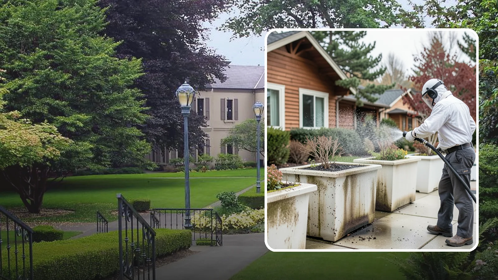 Planter Cleaning in Woodinville, King County, WA - We wash exterior planters and pots to remove the moss film, mineral crust, and soil staining that gather on their sides.