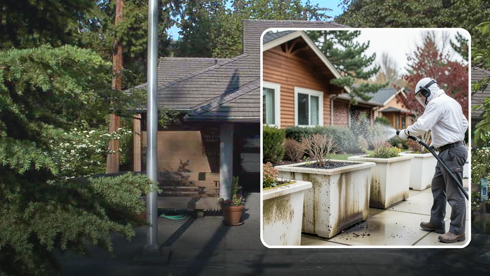 Planter Cleaning in Yarrow Point, King County, WA - We wash exterior planters and pots to remove the moss film, mineral crust, and soil staining that gather on their sides.