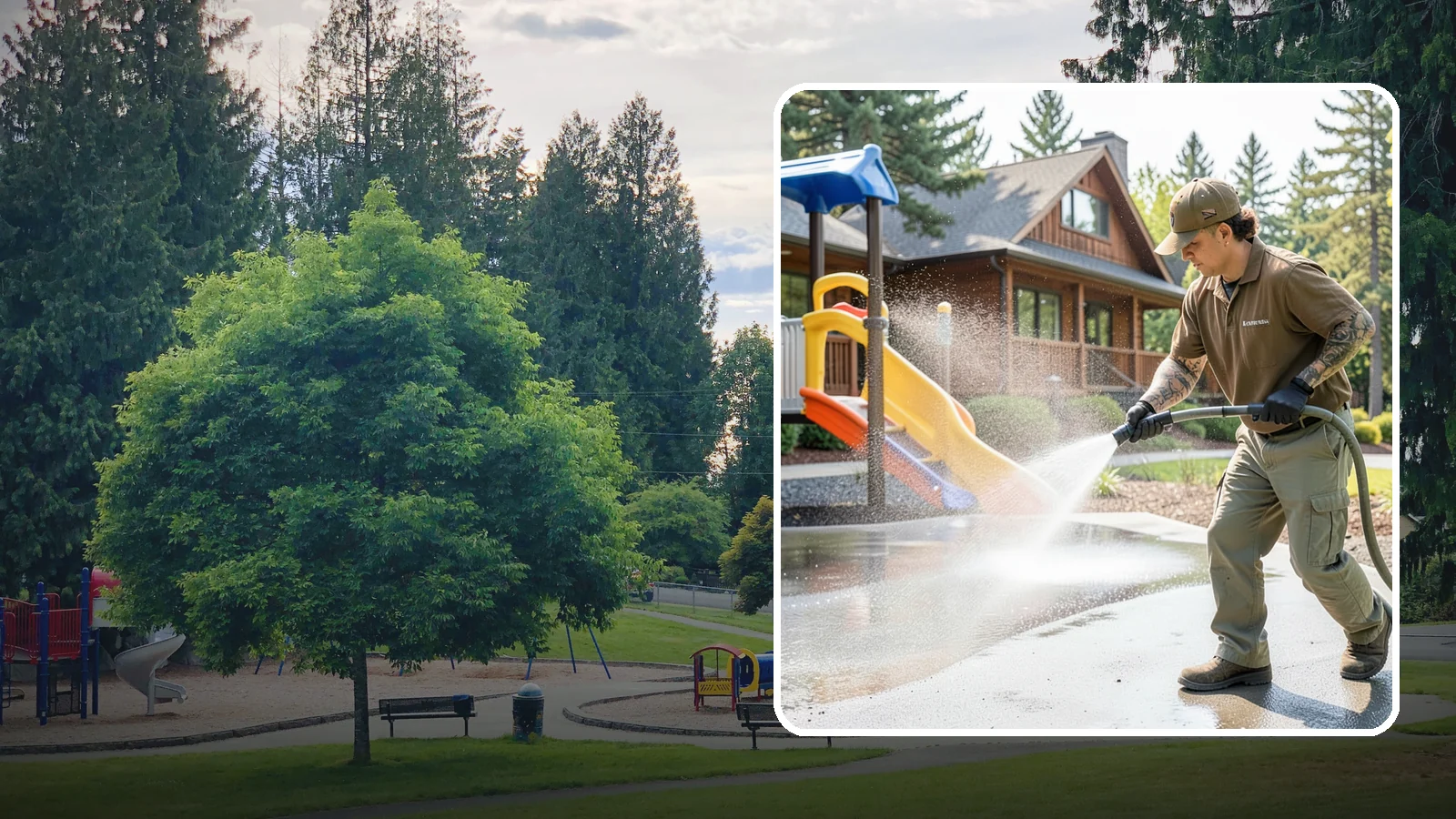 Playground Cleaning in Bonney Lake, Pierce County, WA - We sanitize and clean playground equipment and safety surfacing, clearing the mold and grime kids' hands and shoes pick up in wet...